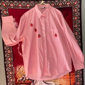 Las Olas Red Stripe Button Down w/ Holographic Ladybugs XL • Preppy Whimsy